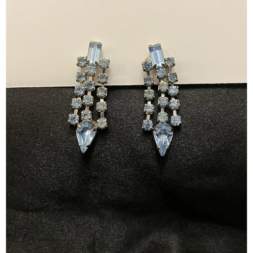 Baguette Blue Crystal Silver Tone Clip On Waterfall Chandelier Vintage Earrings